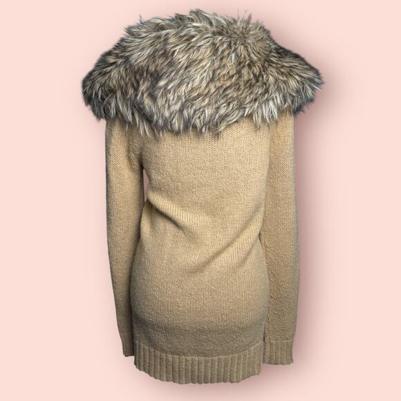 Vtg Y2K Penny Lane Cardigan Fur Collar Sweater Medium Tan Boho Hippie Festival - Picture 3 of 5
